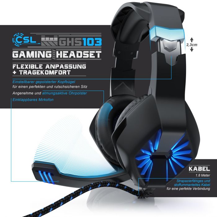 CSL Gaming-Headset (Blaue LED-Beleuchtung; Kopfbugel variabel verstellbar; Bietet kristallklaren Hoch-, Mittel- und Tieftonbereich + dynamische Basswiedergabe, USB "GHS-102" mit Mikrofon - Kopfhorer fur PC, PS4/4 Pro), 4.5, Newsletter anmelden & Vorteile sichern