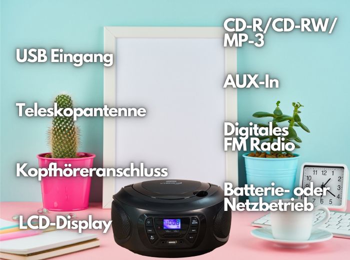 Cyberlux CL-600 tragbarer CD-Player (CD, Kinder CD Player tragbar, Boombox, Musikbox, FM Radio mit MP3 USB), 4.0, Newsletter anmelden & Vorteile sichern