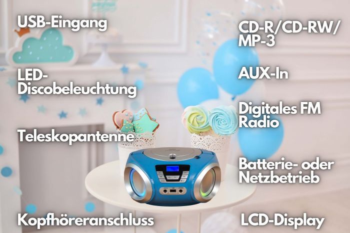 Cyberlux CL-900 tragbarer CD-Player (CD, Kinder CD Player tragbar, Boombox, Musikbox, LED-Disco-Beleuchtung, FM Radio mit MP3 USB), 4.5, Newsletter anmelden & Vorteile sichern