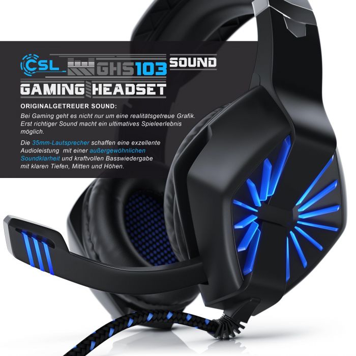 CSL Gaming-Headset (Blaue LED-Beleuchtung; Kopfbugel variabel verstellbar; Bietet kristallklaren Hoch-, Mittel- und Tieftonbereich + dynamische Basswiedergabe, USB "GHS-102" mit Mikrofon - Kopfhorer fur PC, PS4/4 Pro), 4.5, Newsletter anmelden & Vorteile sichern