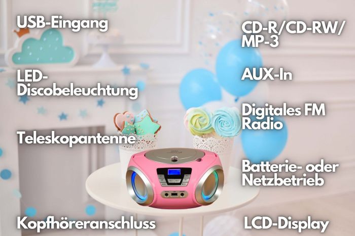 Cyberlux CL-910 tragbarer CD-Player (CD, Kinder CD Player tragbar, Boombox, Musikbox, LED-Disco-Beleuchtung, FM Radio mit MP3 USB), 5.0, Newsletter anmelden & Vorteile sichern