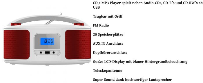 Cyberlux CL-310 tragbarer CD-Player (CD, Kinder CD Player tragbar, Boombox, Musikbox, FM Radio mit MP3 USB), 5.0, Newsletter anmelden & Vorteile sichern