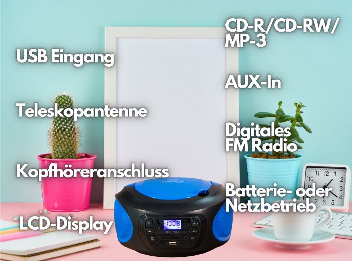 Cyberlux CL-610 tragbarer CD-Player (CD, Kinder CD Player tragbar, Boombox, Musikbox, FM Radio mit MP3 USB), 4.0, Newsletter anmelden & Vorteile sichern